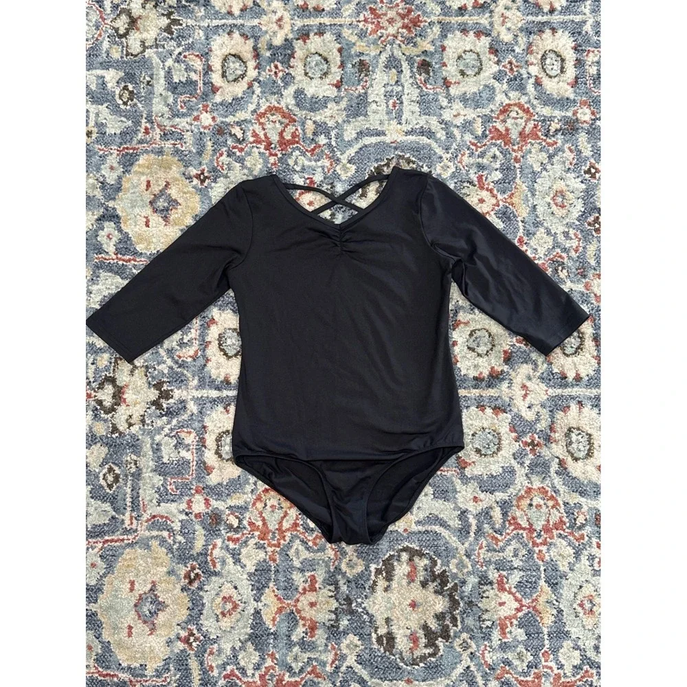 Danskin Leotard Girls 14/16‎ XL Black Criss Cross Back 3/4 Sleeve EUC